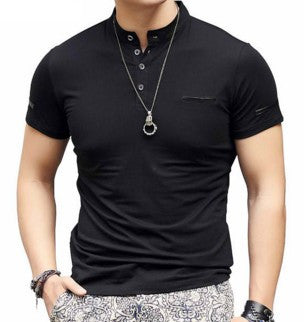 Mandarin Collar Solid Cotton T Shirt with Buttons for Men